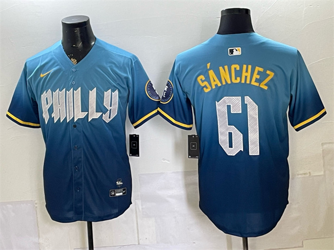 Men's Philadelphia Phillies #61 Jhoan Durán Blue 2024 City Connect Limited Stitched Jersey Men's Philadelphia Phillies #61 Jhoan Durán Blue 2024 City Connect Limited Stitched Jersey